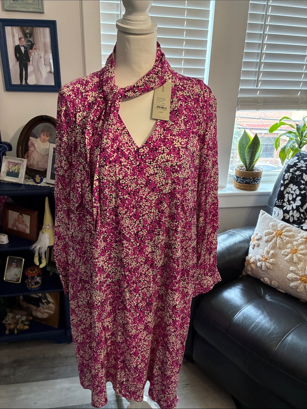 Long-Sleeve Fuchsia Floral Tie-Neck Dress